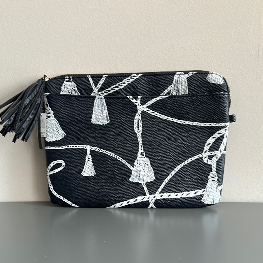 Chicos Blue & White Tassel Print Tablet Tech Case Pouch Bag